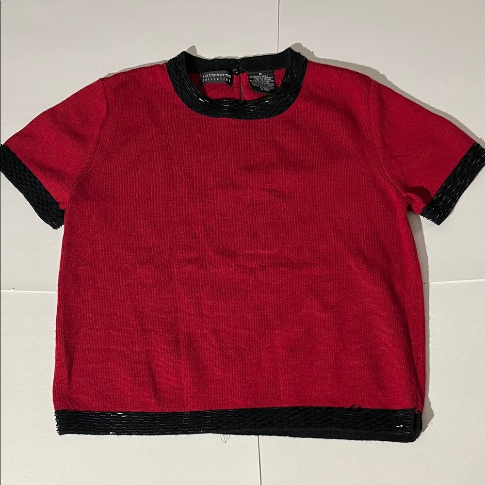 Liz Claiborne Collection 100% Merino Wool Beaded Cropped Sweater Red Black Med